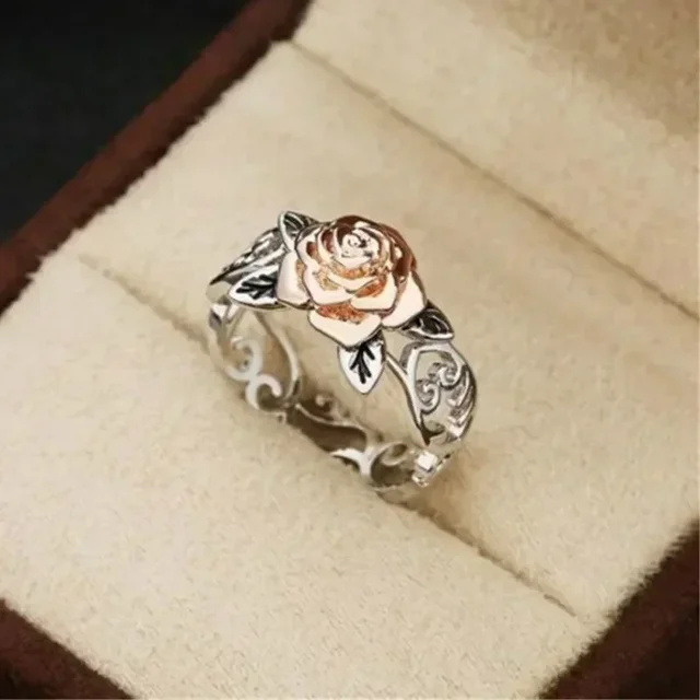 Vintage Block Rose Gold Plated Flower Ring for Women Fashion Style Plated Color Two-Tone Rose Flower Lady Ring Jewelry Gifts