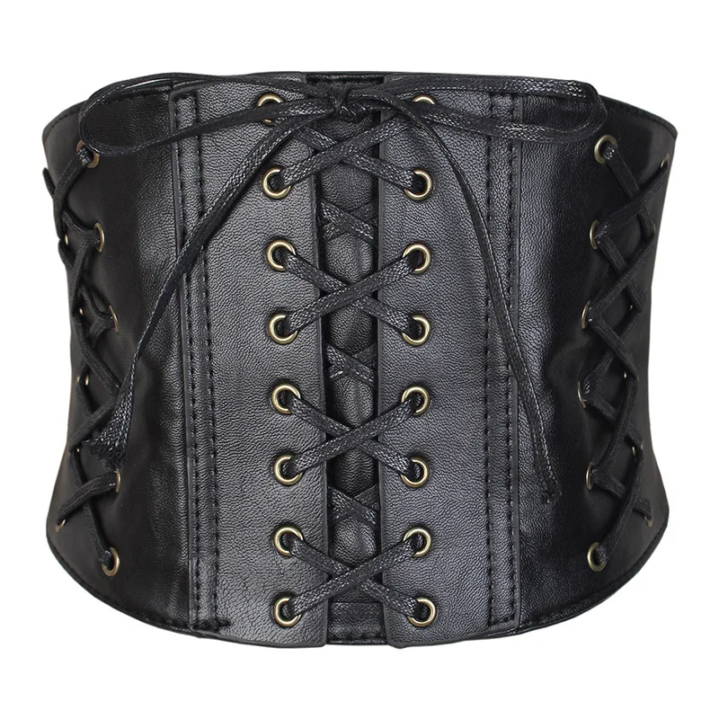 Ceinture Corset Noir Laçée élastique Pour Femme - Largeur 12 Cm, Cuir PU, Fermeture Pression, Affine La Taille