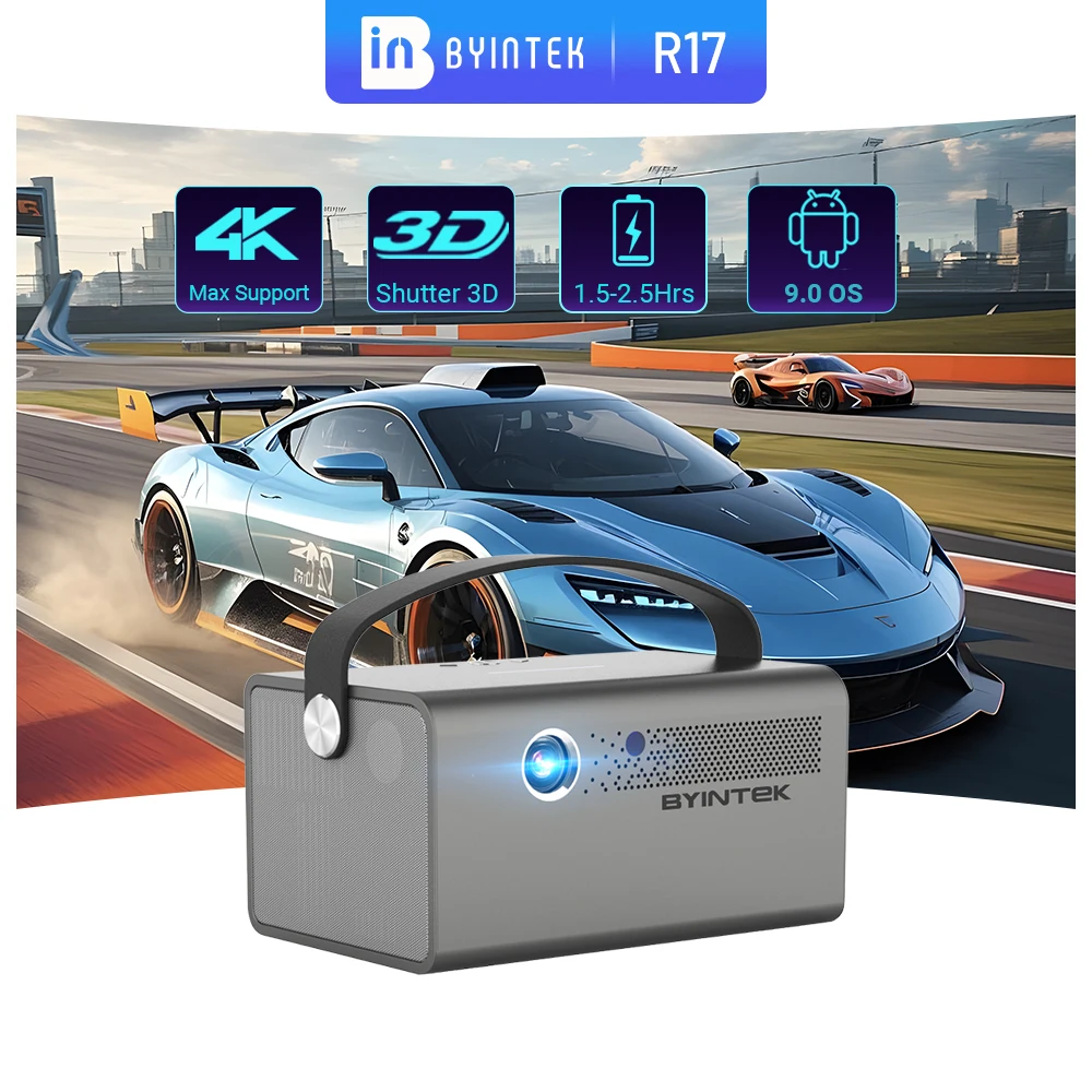 BYINTEK R17 جهاز عرض صغير 4K ذكي ثلاثي الأبعاد أندرويد واي فاي جهاز عرض DLP محمول عالي الدقة 1080P 750ANSI لومينز 6D كيستون مع بطارية