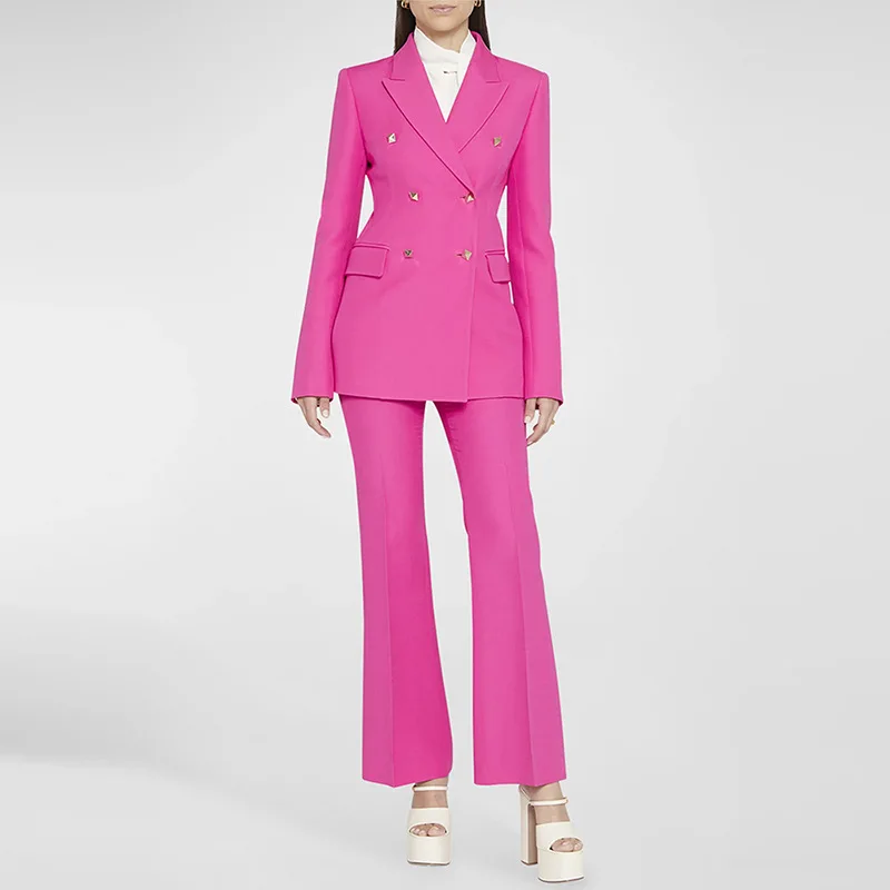 

Elegant Double Breasted Blazer + Pant Sets 2 Piece for Women Office Lady Business Outfits Autumn Winter Trousers Pink Suits