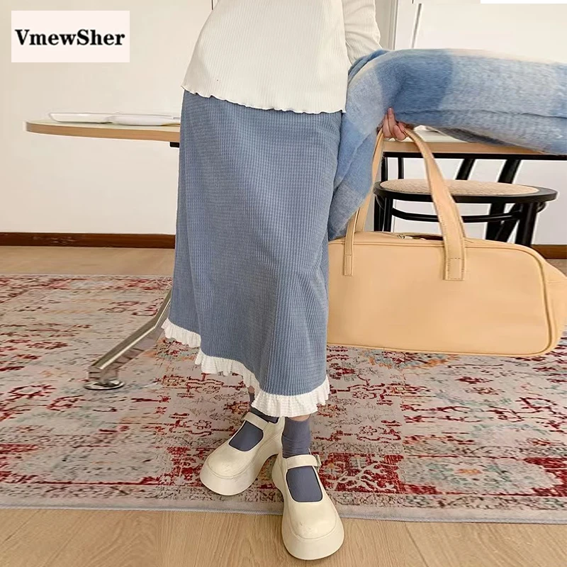 

VmewSher New Japan Style Ruffles Girl Skirt Elastic High Waist Spring Autumn Back Split Mid-calf Long Cute Women Skirts A-line