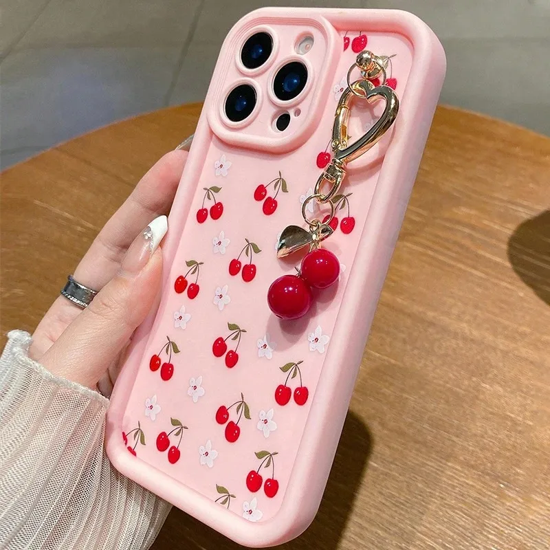 Red Cherry Pattern Silicone Phone Case with Chain Cover