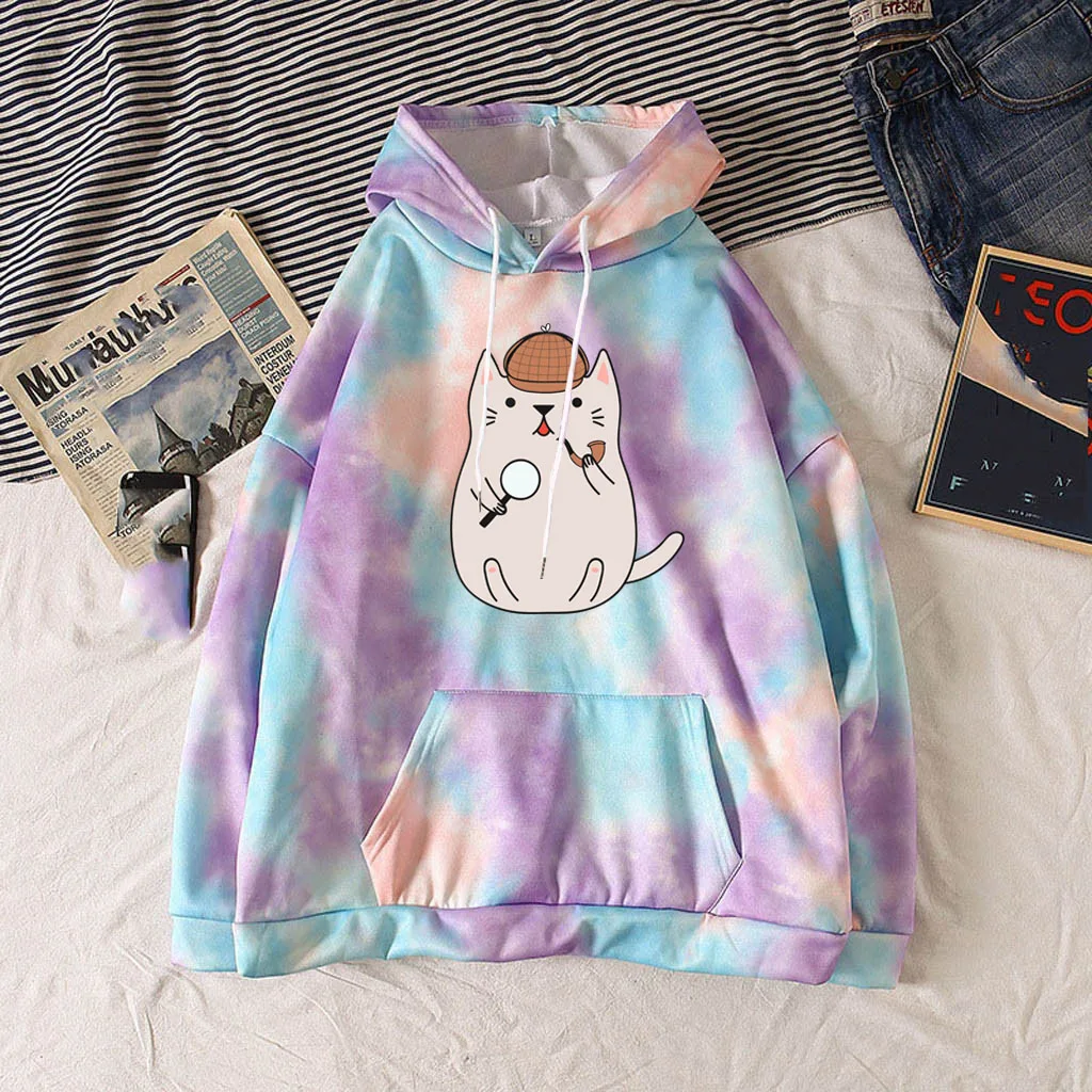 

Detective Cat Print Tie Dye Hoodies Pocket Clothing