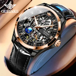 OUPINKE Men's Automatic Mechanical Watch Skeleton Design 50M Waterproof Sapphire Mirror Leather Strap Male Watches 3268