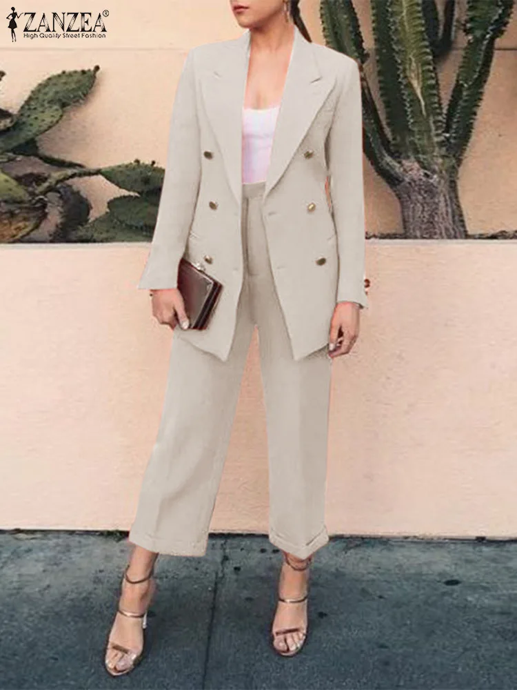 

Женские деловые комплекты ZANZEA большого размера, двубортный блейзер с длинным рукавом, костюмы с брюками, комплекты одежды, Офисная Женская одежда, 2 шт.