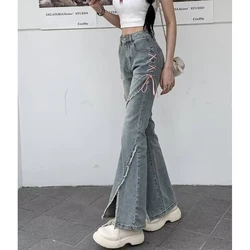Gidyq Streetwear Women Jeans Korean Retro Tassel Split Flared Pants Casual All Match Female High Waist Straight Denim Trousers