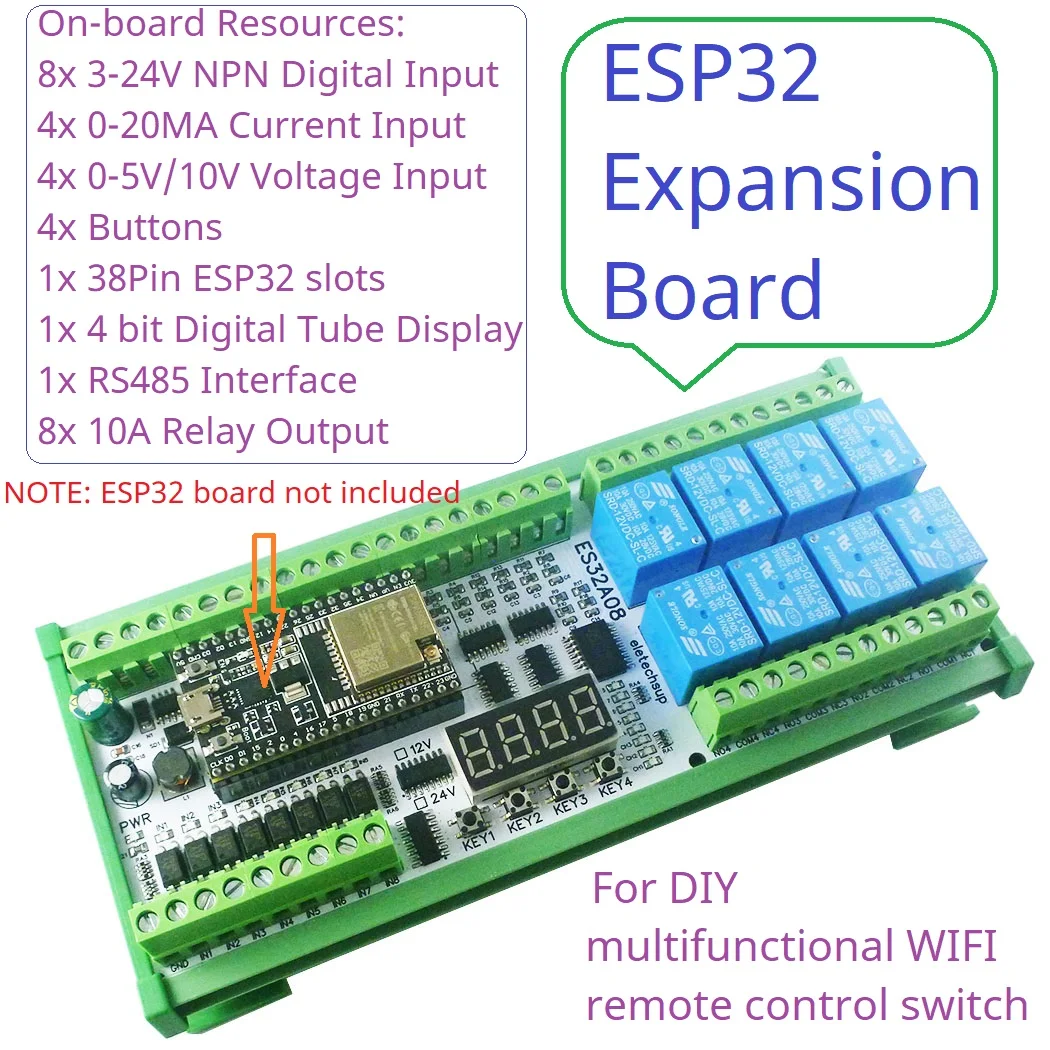 아날로그 컬렉션 와이파이 릴레이 스위치 DIY 확장 보드, 8AI-8DI-8DO DC 12V 24V ESP-WROOM-32 ESP32, RS485 4-20MA 0-5V 0-10V