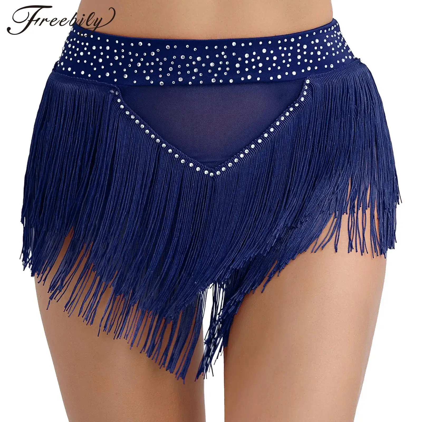 

Womens Shiny Rhinestone Tassel Belly Dance Shorts High Elastic See Through Mesh Booty Shorts Chacha Rumba Tango Jazz Dancewear