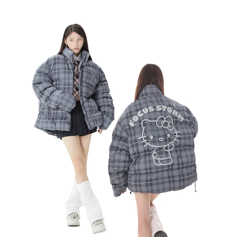 

Kawaii Sanrioed аниме Новинка Hellokittyed теплая осень и зима клетчатая свободная хлопковая куртка Милая мультяшная утепленная Холодная куртка