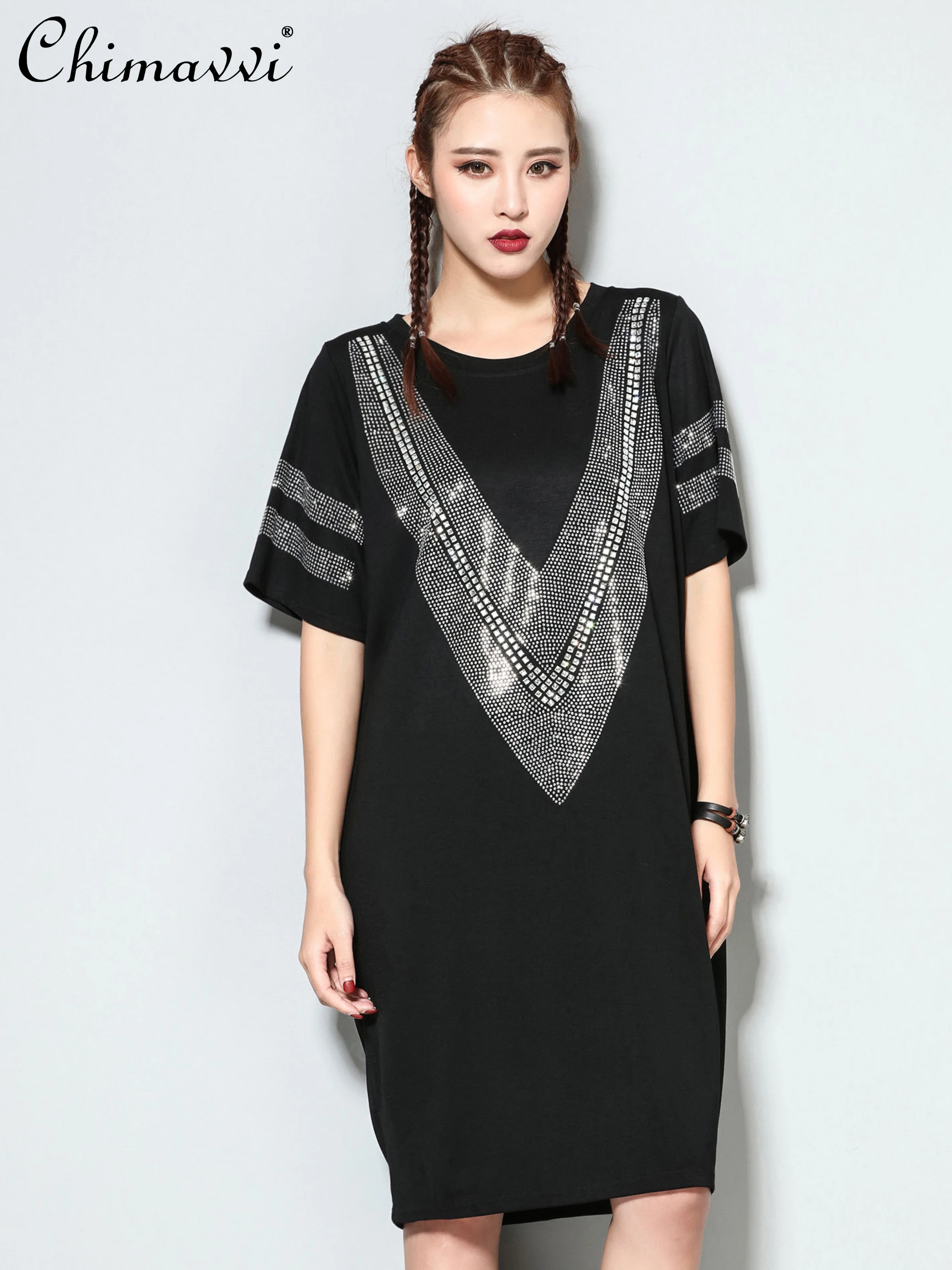 

Летнее Новое модное объемное женское платье с круглым вырезом и V-образным вырезом, свободное короткое уличное платье средней длины с коротким рукавом, женское короткое платье