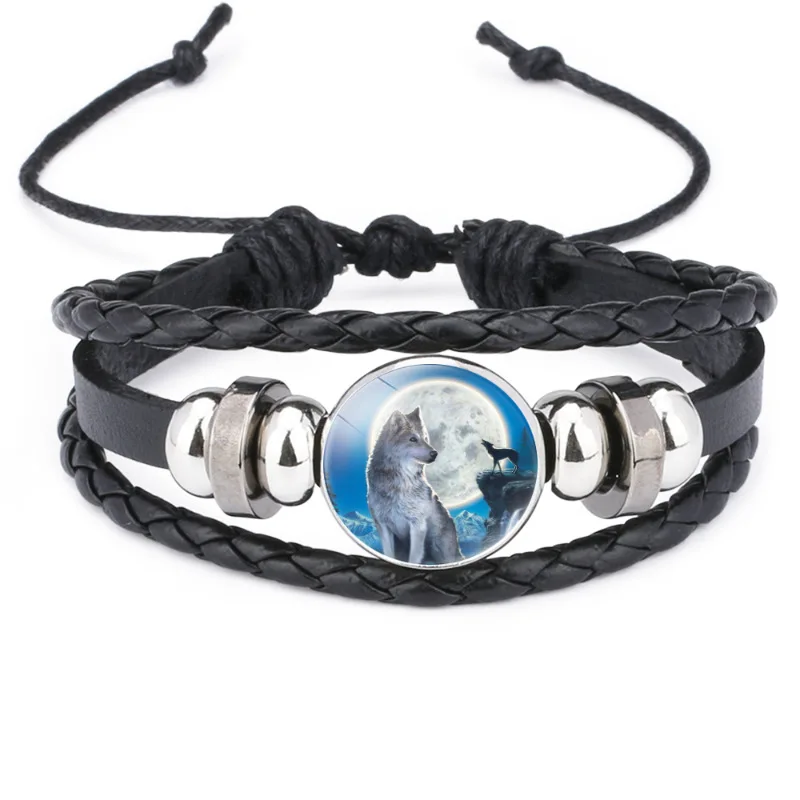 Classic Accessories Wolf Totem Wolf Pattern Glass Pendant Cowhide Bracelet Adjustable Length Hand Rope Gifts for Family leather bracelet charm bracelet rope bracelet