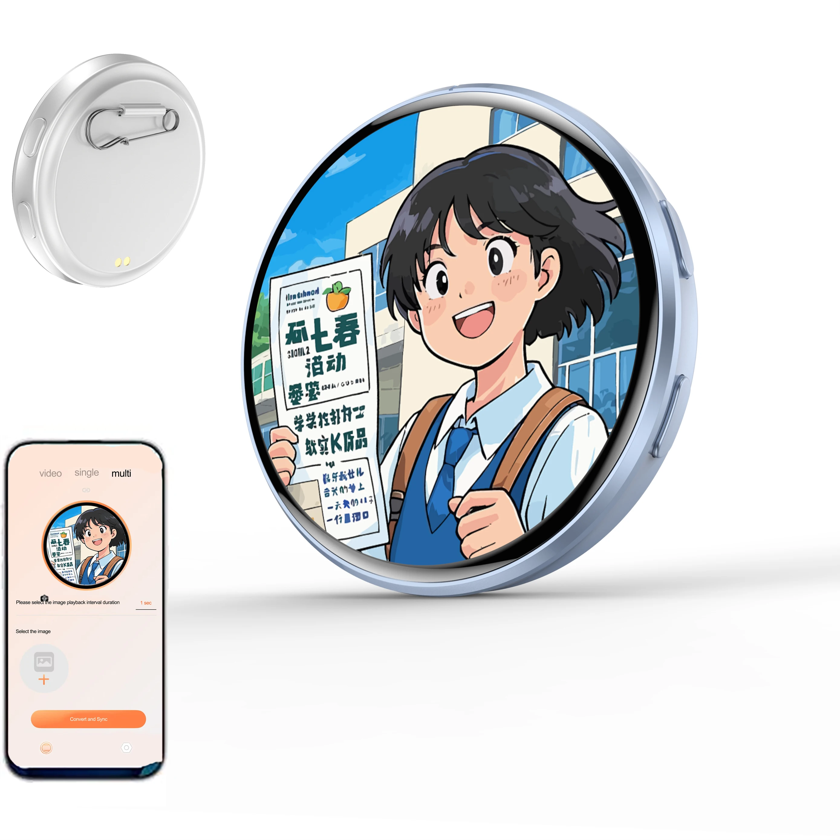 Electronic Anime Pins with HD Touch Screen-Digital Photo Pixel Display Christmas Gift, Custom Kawaii Badge Backpack and Meeting