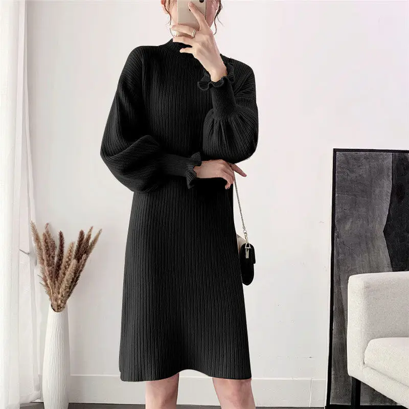 

Midi Dresses for Women Turtleneck Loose Crochet Clothes Cover Up Woman Dress Black Knee Length Knitted Cheap Casual Harajuku Y2k