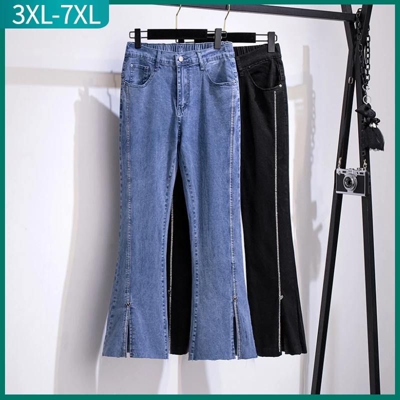 

New 2023 Ladies Summer Plus Size Flared Jeans For Women Large Slim Cotton Elastic Blue Zipper Denim Trousers 3XL 4XL 5XL 6XL 7XL