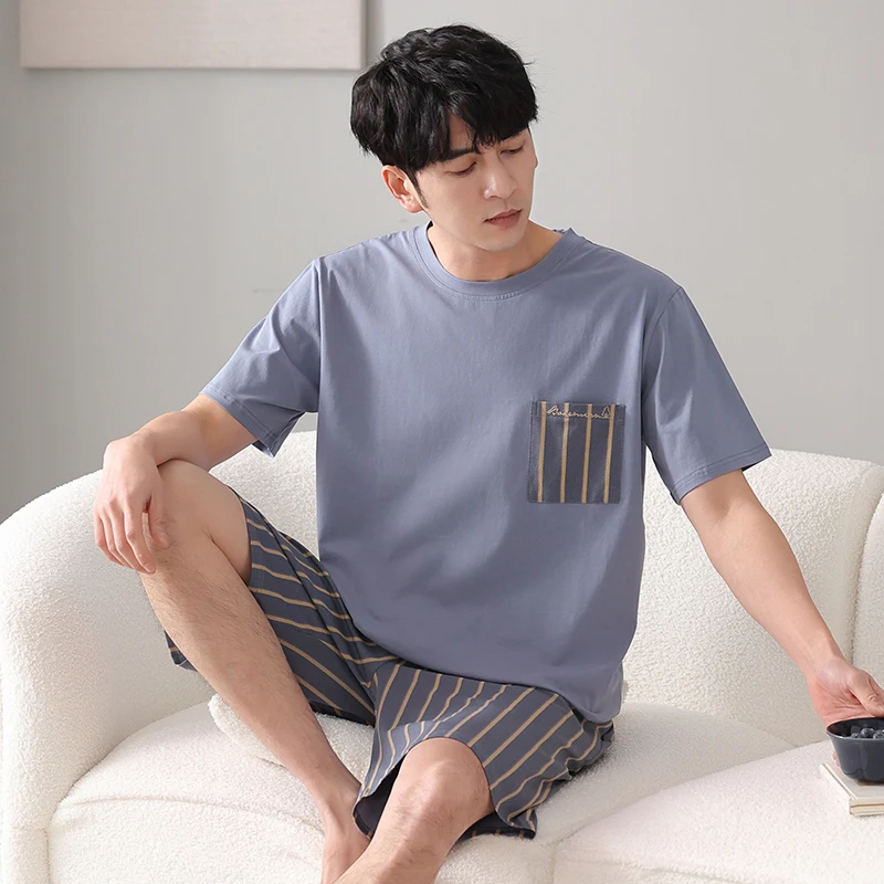 Men Pajamas Set Summer Short Sleeve Striped Casual Tracksuit Sleepshirt + Shorts 2pc Pyjamas Male 4XL 5XL 6XL 7XL Pijamas Hombre pajama sets