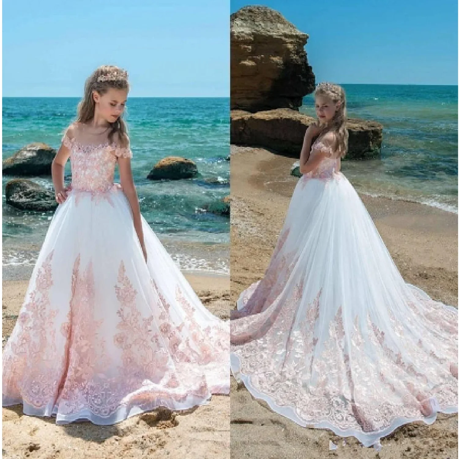 New Lace Flower Girl Dress Beauty Pageant With Blush Pink Appliqué A