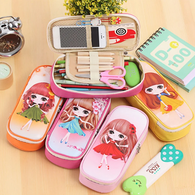 

Japan Korea Cute Little Girl Pencil Bag Large Capacity Pu Pencil Bag Creative Student Stationery Storage Box Pencil Bag Supplies
