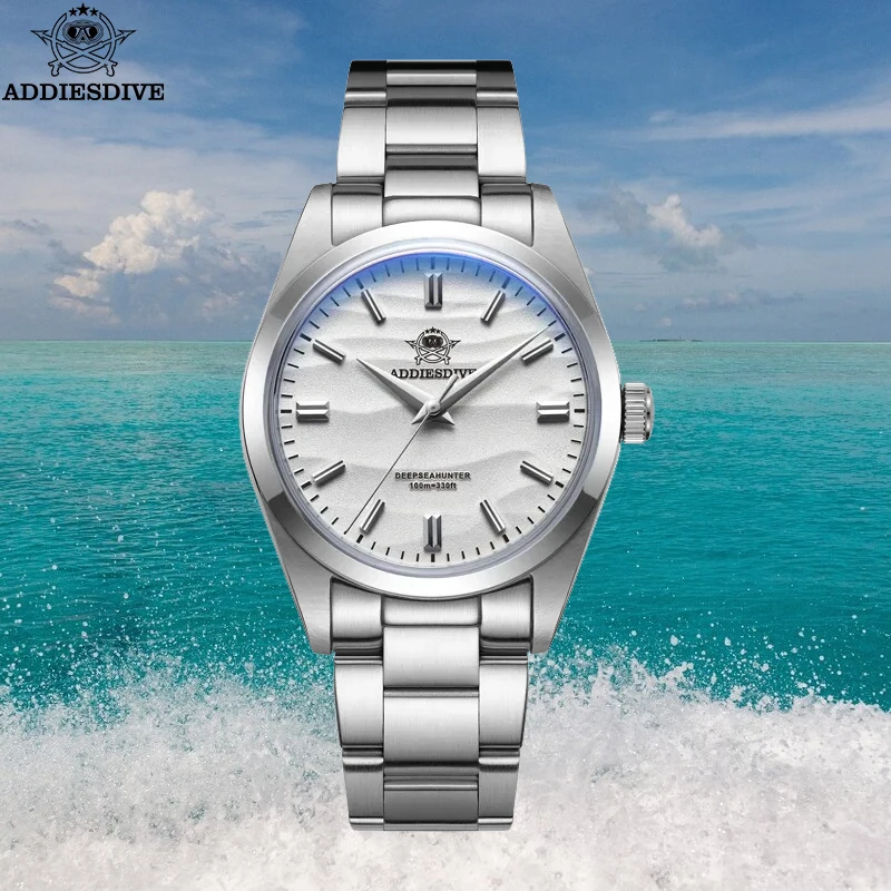 

ADDIESDIVE White Dial Stainless Steel Quartz Watch For Men 100M Waterproof Watches Fashion AD2030 Bubble Mirror Glass Wristwatch