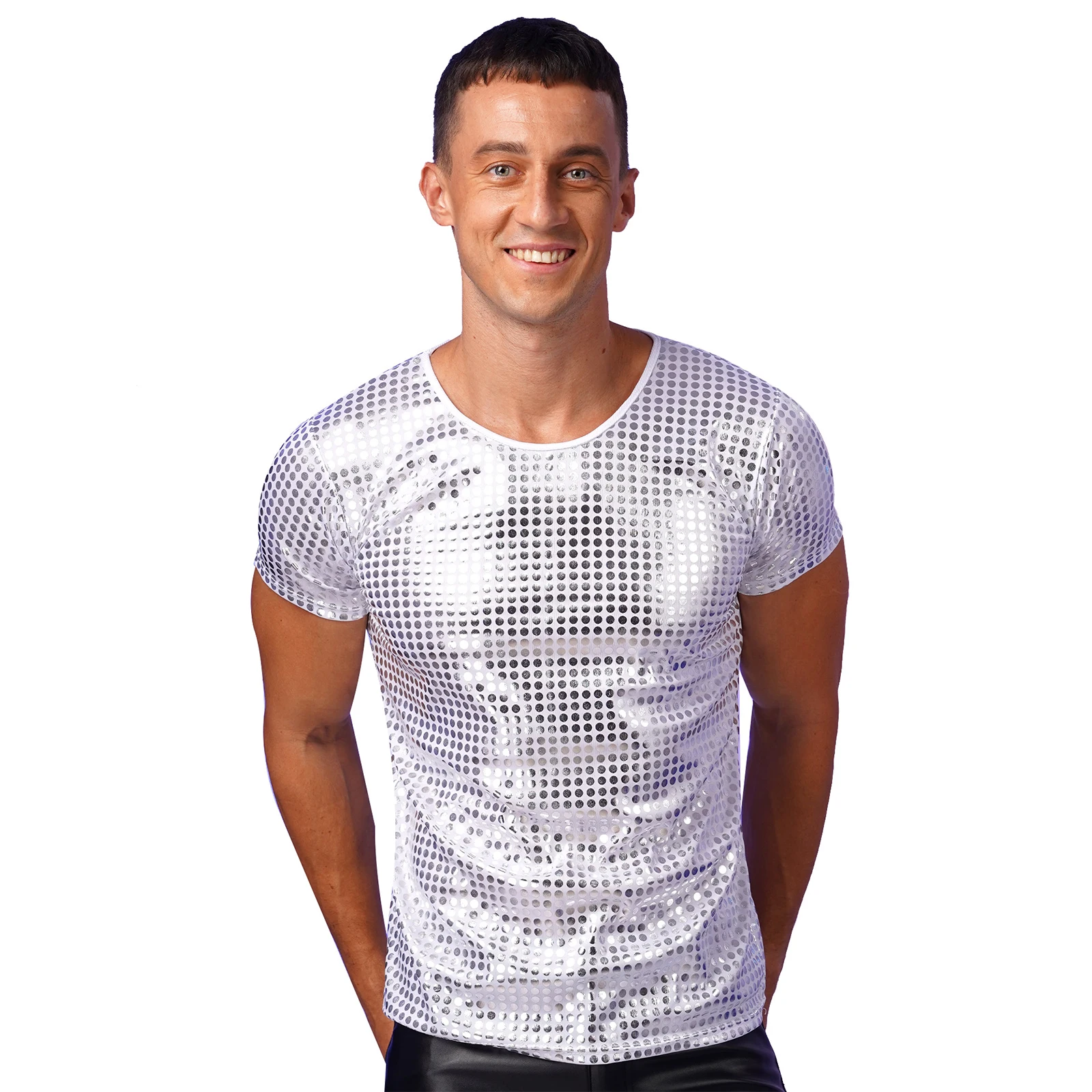 

Mens Dance T-Shirt Sparkle Sequin Tops Round Neck Short Sleeve Performance Tops Nightclub Festivals Costumes Clubwear