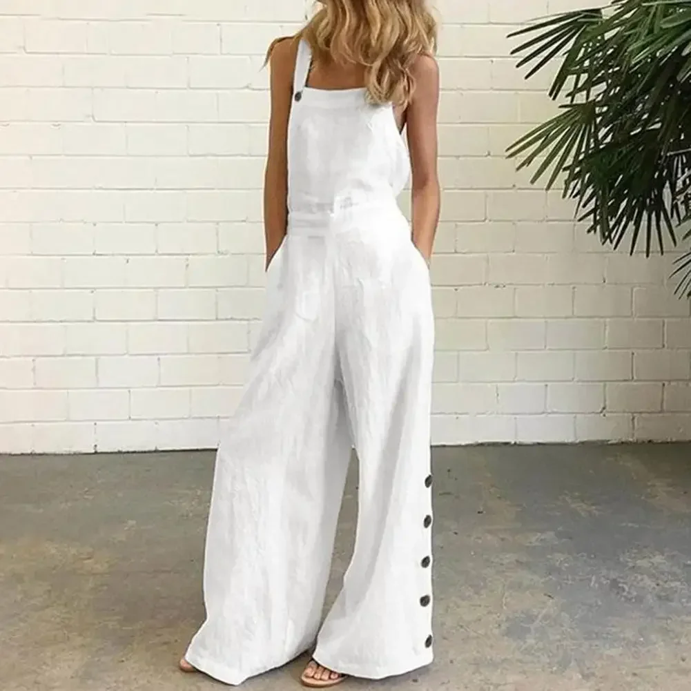 2024 Women Jumpsuit Summer Sleeveless Solid Color Wide Leg Pockets Loose Strappy Playsuit Overall Wide Leg Pockets Mono Verano