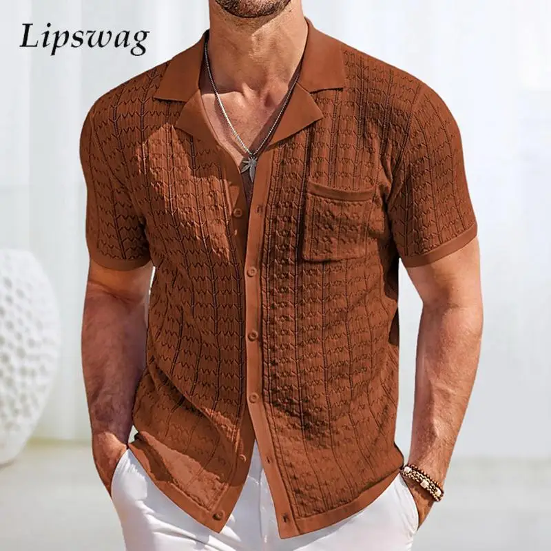Mens Knitted Short Sleeve Shirts Vintage Texture Casual Breathable