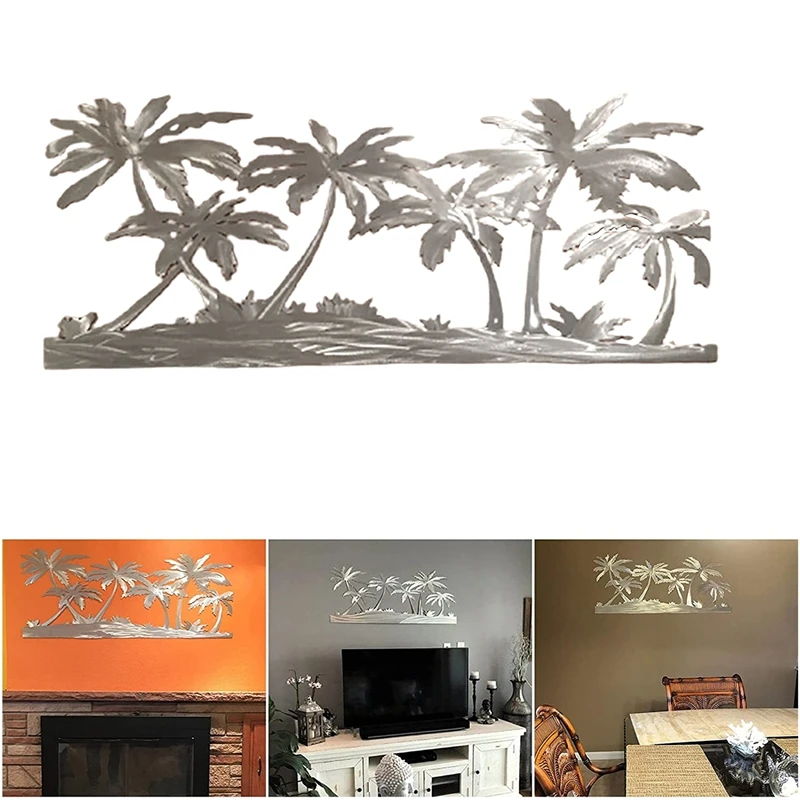 

BEAU-Palm Trees On Beach Metal Wall Artwork Wall Mounted Ornament Home Coastal Beach Scene Metal Art Steel Wall Decor Sign