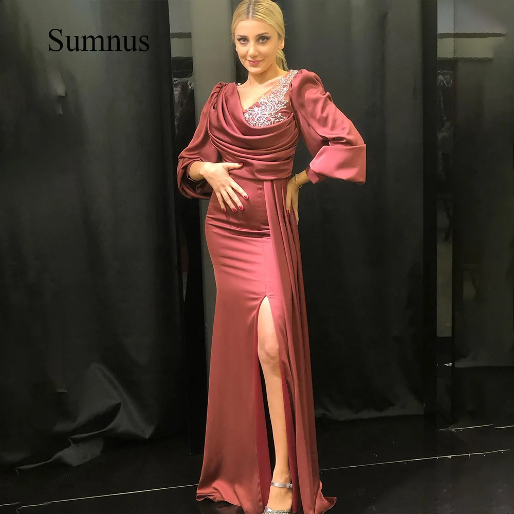 

Вечерние платья Sumnus с длинным рукавом, с бусинами, V-образным вырезом и Боковым Разрезом, вечерние женские платья, Длинные свадебные платья Дубая