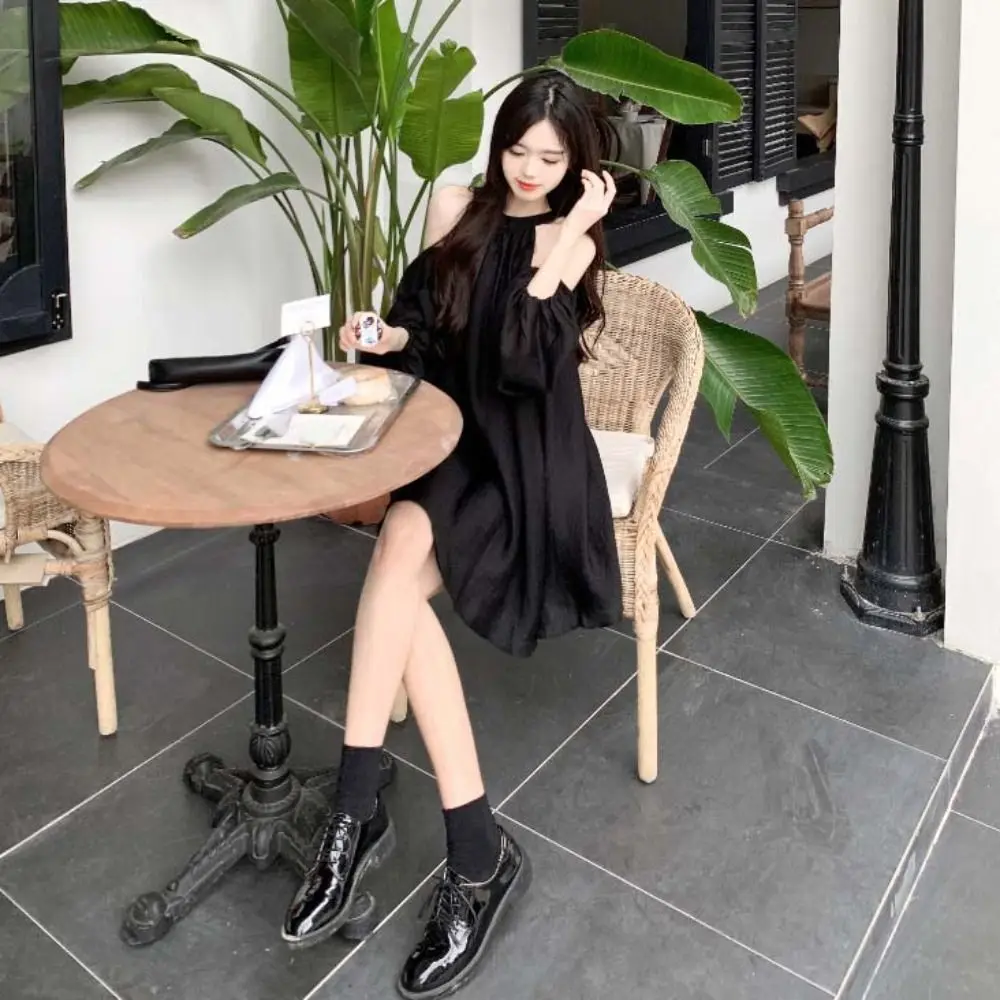 Fashion Lantern Sleeve Off Shoulder Halter Dress Thin Korean Style Halter Mini Dress Elegant Beachwear A-line Short Skirt Party