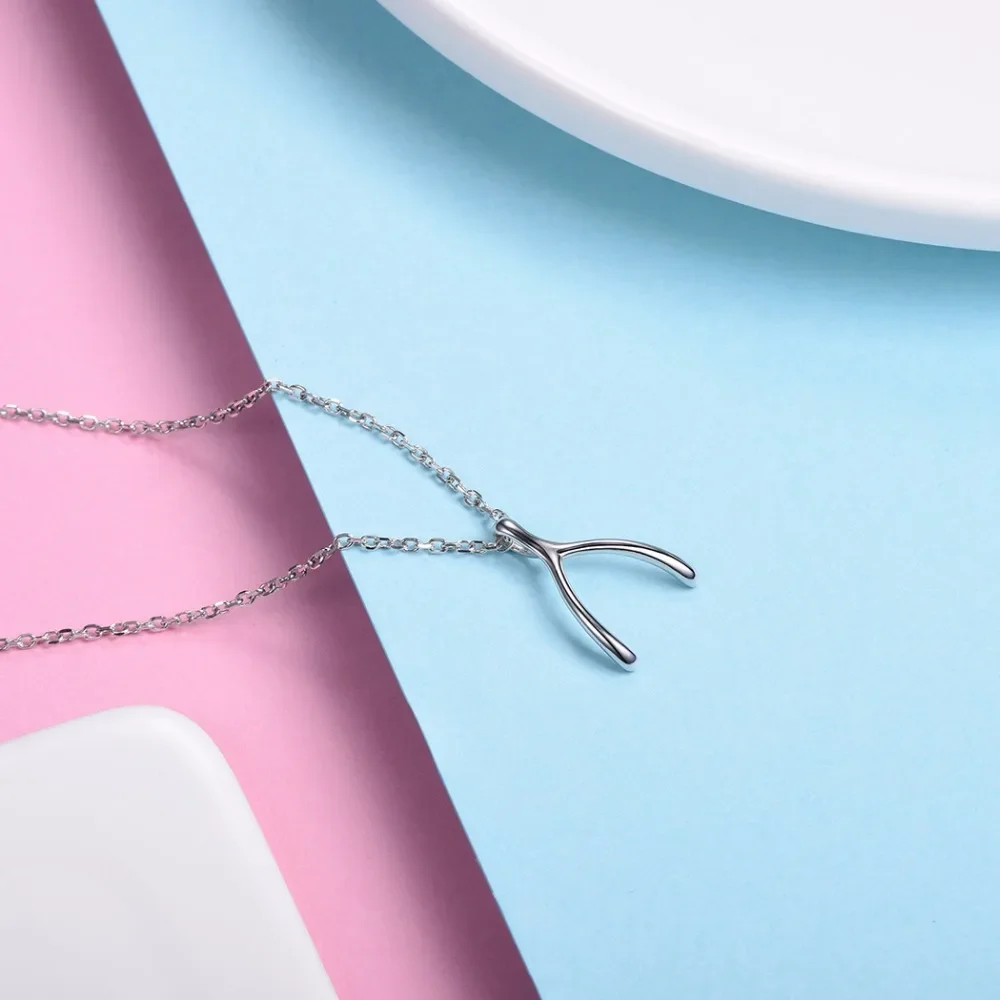 U7 925 Sterling Silver Wishbone Bone Necklace Women Good Luck Pray Wishes Anniversary Mothers Day Jewelry Gift for Her SC44 QC24 pendant necklace silver necklace