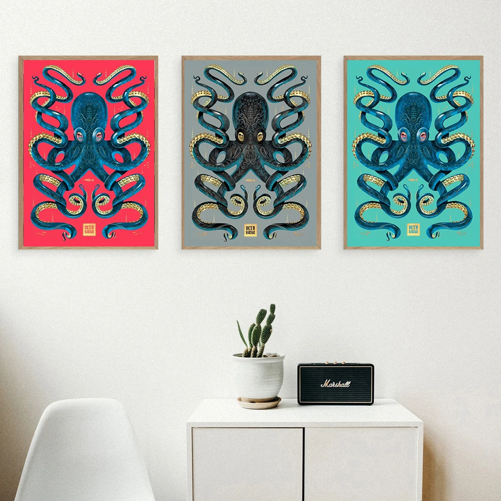 Octopus Nautical Vintage Posters and Prints Blue And Gold Sea Canvas Painting Pictures Rustic Bathroom Wall Art Decor |