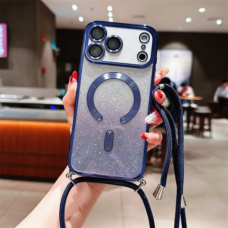 Glitter Magnetic Crossbody Lanyard Phone Case with Magsafe-Compatible Soft TPU Back Cover