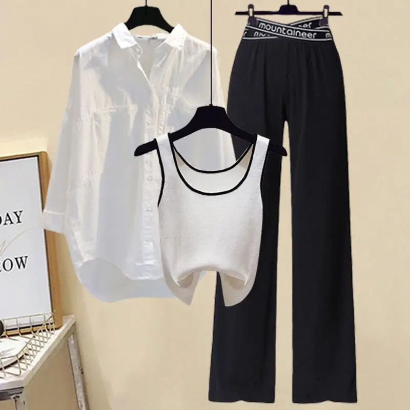 women Two piece set outfis fort Summer 2023 New Waist Shrinking and Age Reducing Tank Top Shirt Wide Leg Pants Suit Fashion