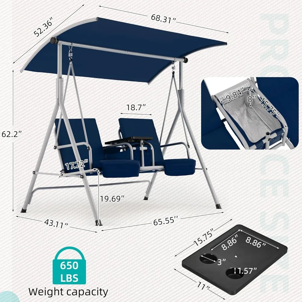 2 Seat Outdoor Porch Swing,Patio Swing with Adjustable Canopy, Heavy Duty 650 LBS Outdoor Swing with Pivot Storage Table 6