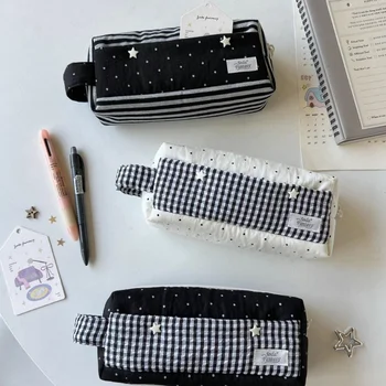 Astuccio per matite Borsa portaoggetti per cancelleria a pois Organizzatore scolastico Astuccio portatile in tela per studenti in classe