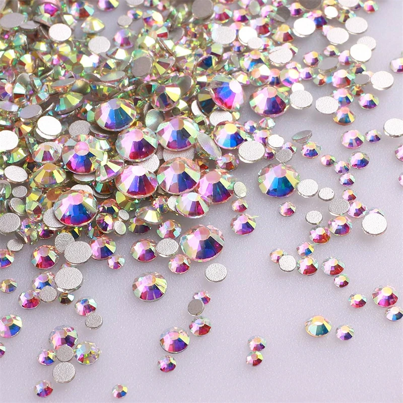 1440Pcs 믹스 크기 유리 플랫 백 라인 석 반짝이 크리스탈 AB 라운드 다이아몬드 DIY 네일 아트 장식에 대 한 돌에 비 핫픽스 접착제