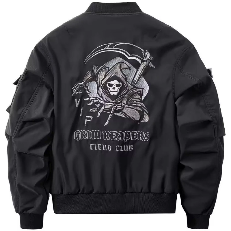 Black Bomber Jacket Men Spring and Autumn Motorcycle Work Jacket Multi-pocket Embroidered Baseball Uniform Fashionable Loose Top 2