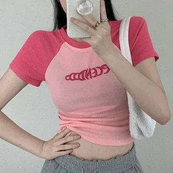 O-Neck Crop Tops Women Summer Fashion Print Casual T Shirts Basic Sexy Streetwear Brown Short Sleeve Tee