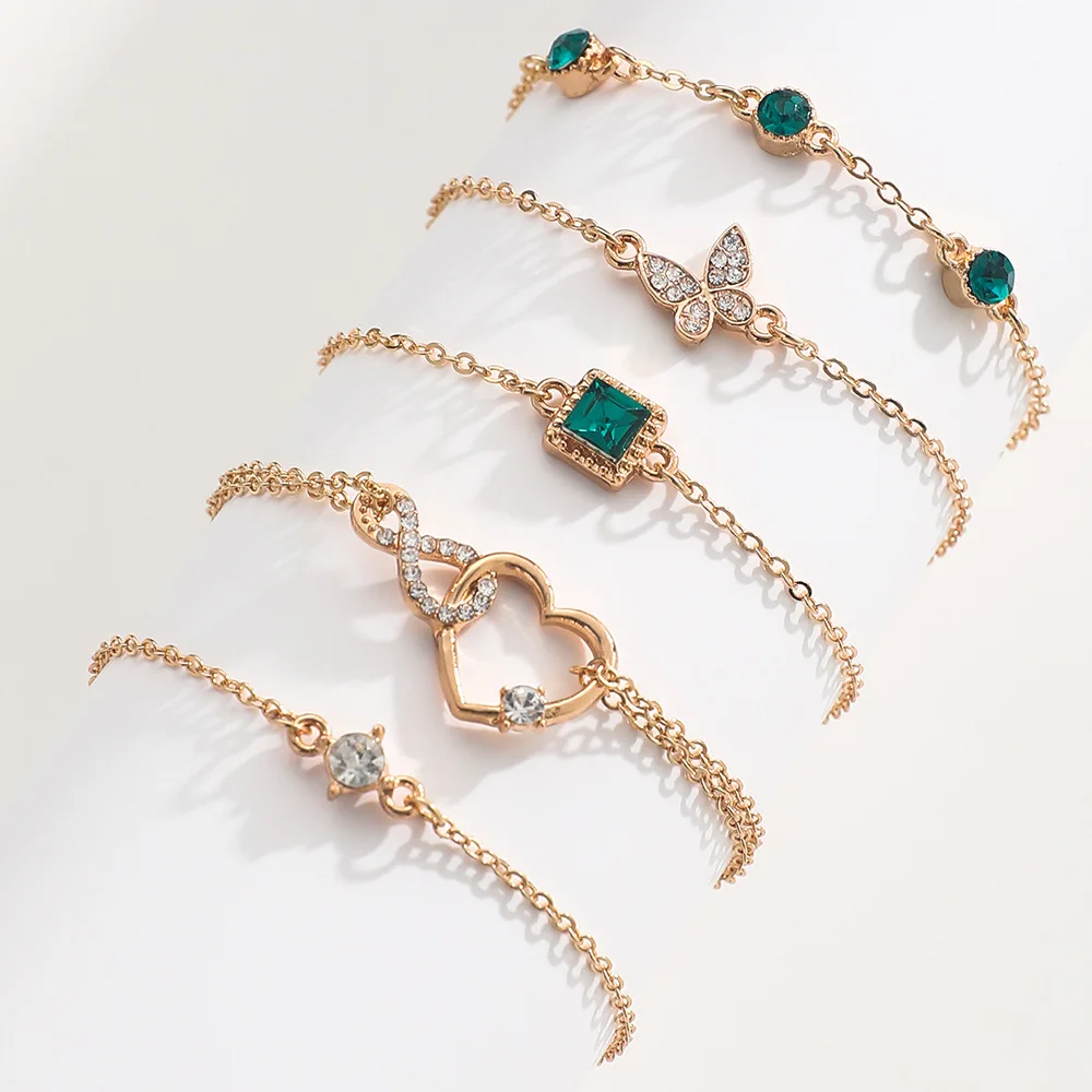 5Pcs Fashion Green Crystal Bracelet Set For Women Butterfly Heart Charm Gold Silver Color Chain Bangle Female Trendy Jewelry - Image 5