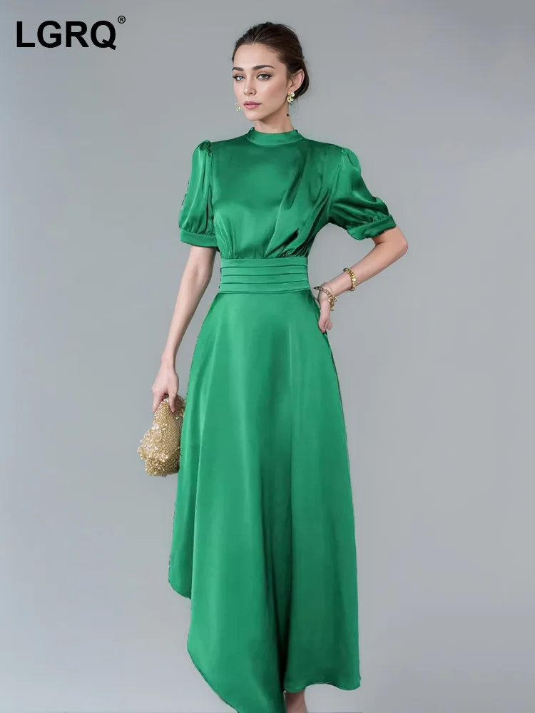 

LGRQ Women's Irregular Design Dress Fashion Stand Collar Short Sleeve Solid Color Elegant Dresses Female 2024 Summer New 19ZZ322