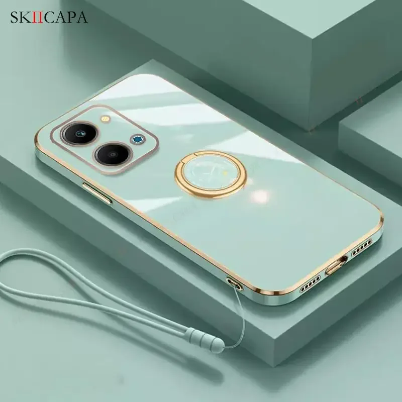 Plating Silicone Lanyard Phone Case with Ring Holder and Soft Cover