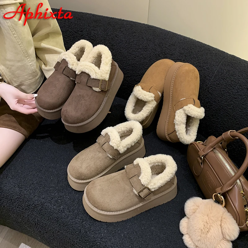 APHIXTA 2025 Camel Platform 4.5cm Thick Sole Shoes Women Winter Plush Snow Boots Woman Warm Ankle Boots Buckle Size 35-40