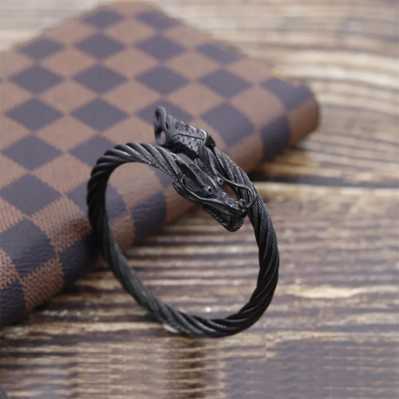 MKENDN Men Punk Viking Black Dragon Bangles Non-fading Stainless Steel Bracelet Vintage Open Cuff Charm Jewelry Norse Jewelry