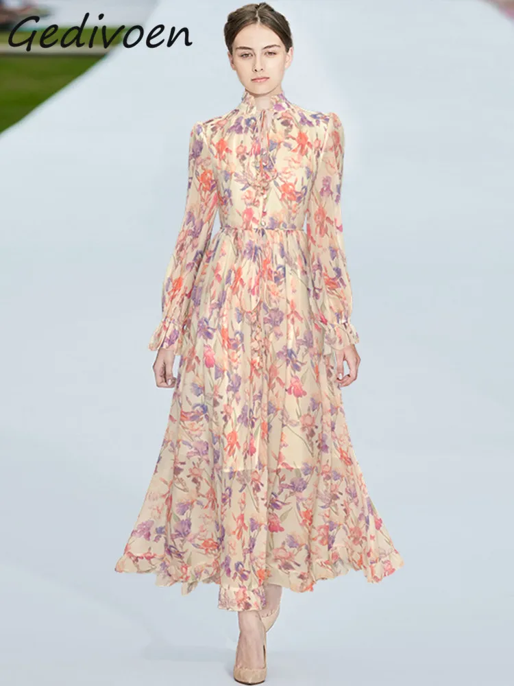 

Gedivoen Spring Fashion Designer Elegant Floral Print Dress Women Lantern Sleeve Button Frenulum Ruffles Slim A-LINE Long Dress