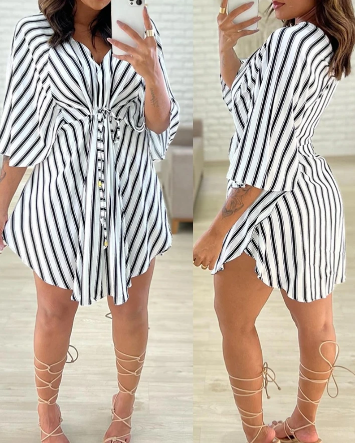 

Work Dresses for Women 2024 Spring Striped Colorblock Ruffles Shirt Dress Women Short Sleeve V Neck Tied Detail Casual Dress