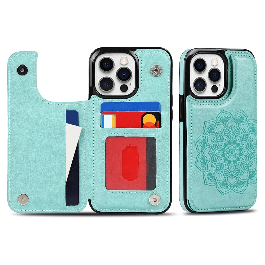Elegant Datura Double Buckle Leather Wallet Case with Card Slots and Magnetic Flip Closure