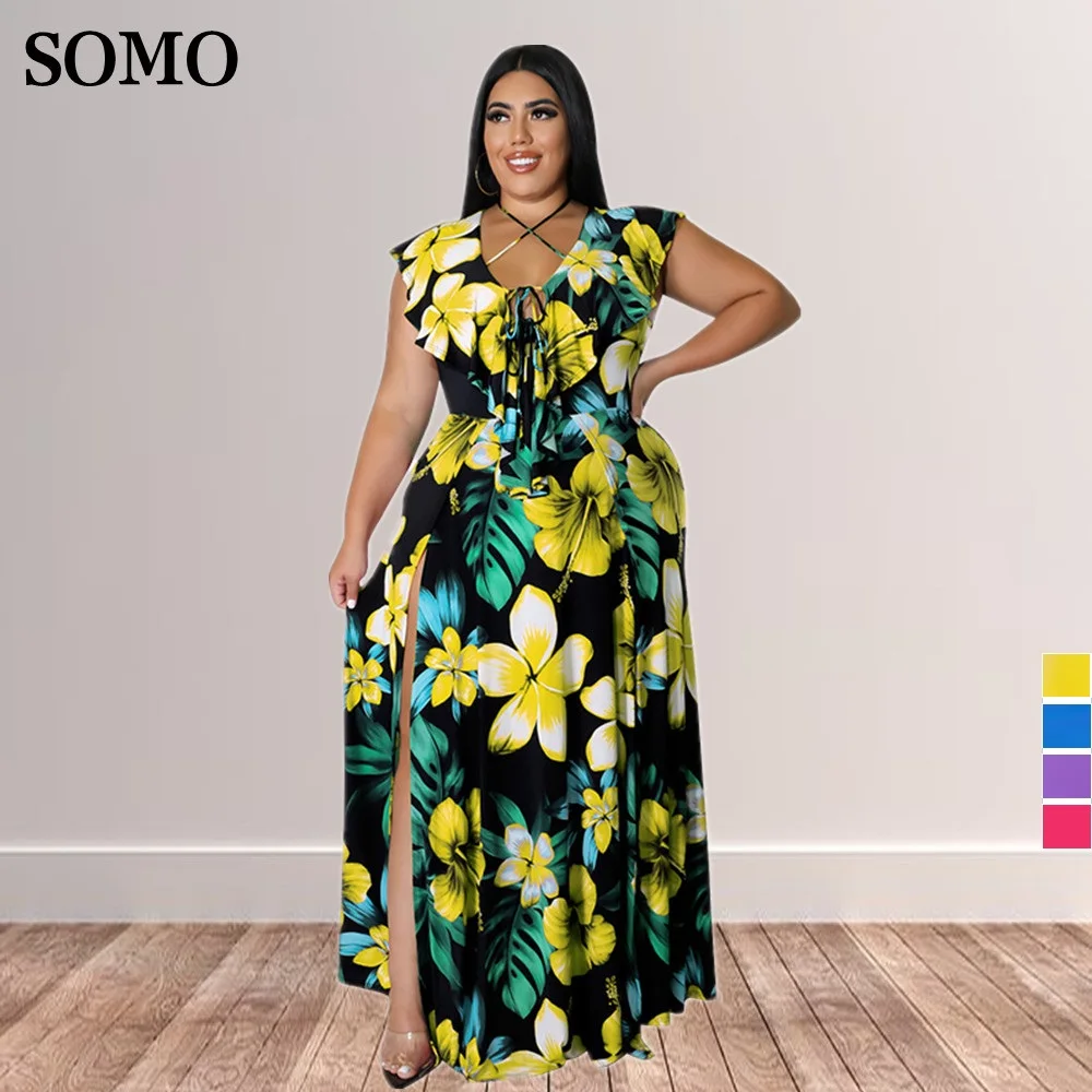 

Plus Size Long Fat Women Clothing 5xl Floral Elegant Layered Ruffle Ladies Sleeveless Maxi Dress Wholesale Dropshipping