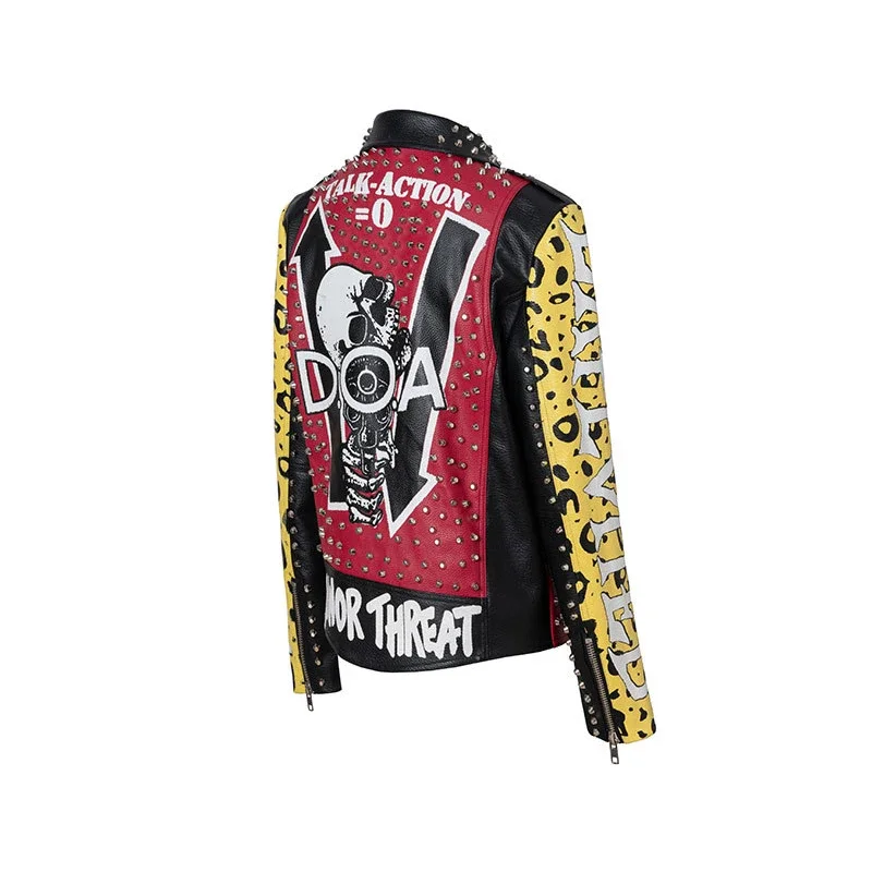 Graffiti Print Leather Jacket for Women's and Mens 2024 Punk Rivets Streetwear Contrast Stitched Faux Leather Motorcycle Jackets