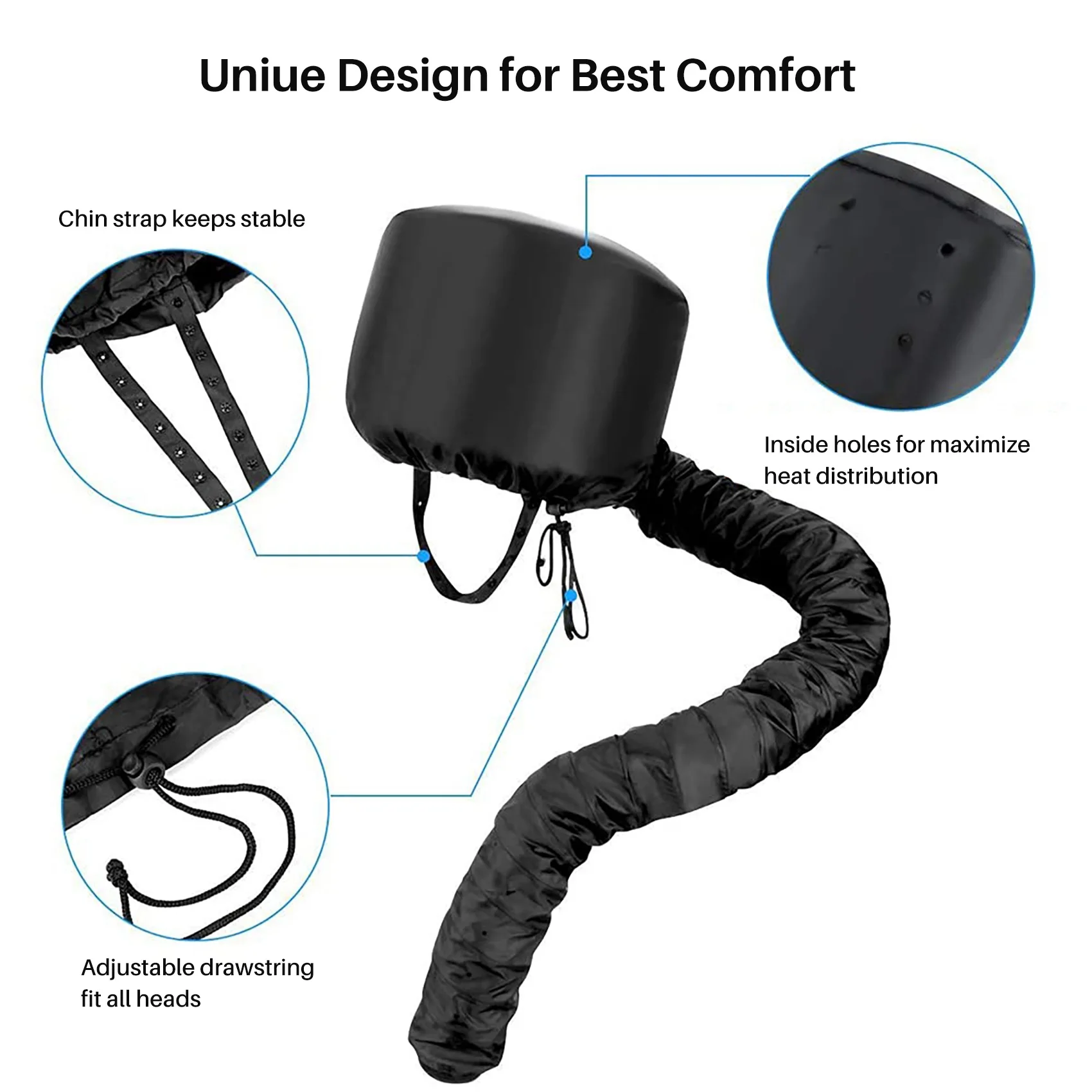 Hood Hair Dryer Attachment- Soft, Adjustable Extra Large Hooded Bonnet for Hand Held Hair Dryer with Stretchable Grip and