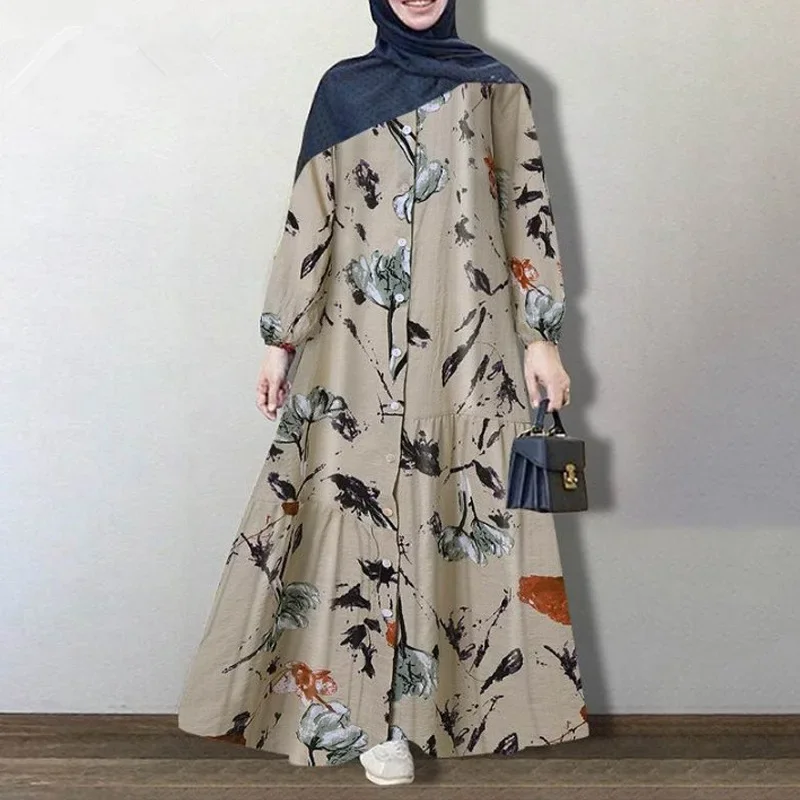 Muslim Abayat Cotton and Linen Long Sleeve Abaya Femme Fashion Loose Casual Floral Long Dress Europe, America, Middle East, Arab