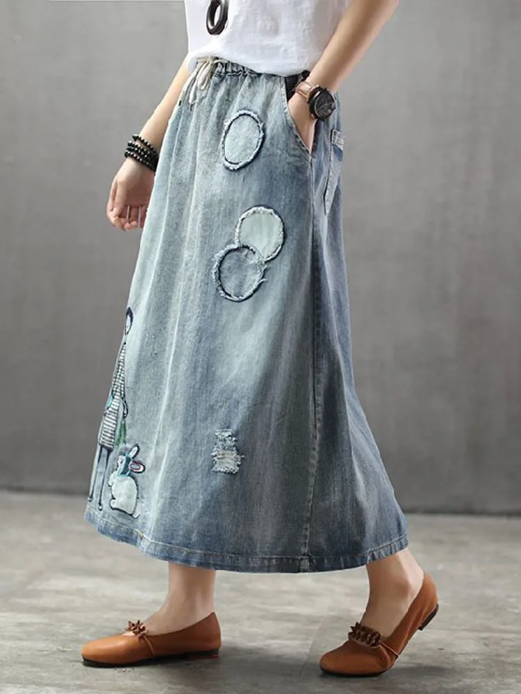 AmaxluluE 2025 Fashion Streetwear Women Summer Classic Embroidery Loose Denim Holes Skirts Ladies Casual Vintage Cartoon Clothes